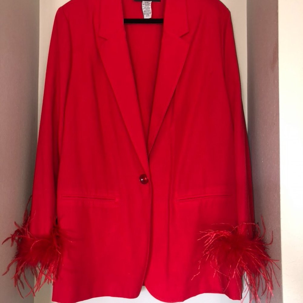 Red Oversized Blazer with Feather Sleeve Trim